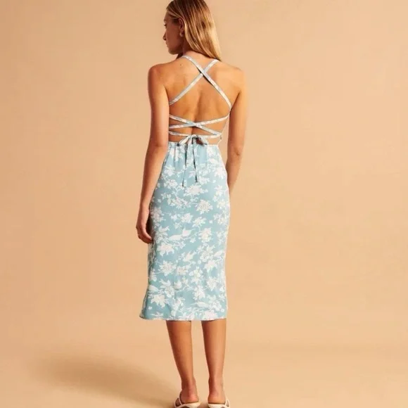 ABERCROMBIE BLUE FLORAL MILKMAID LACE BACK MIDI DRESS - Picture 2 of 13